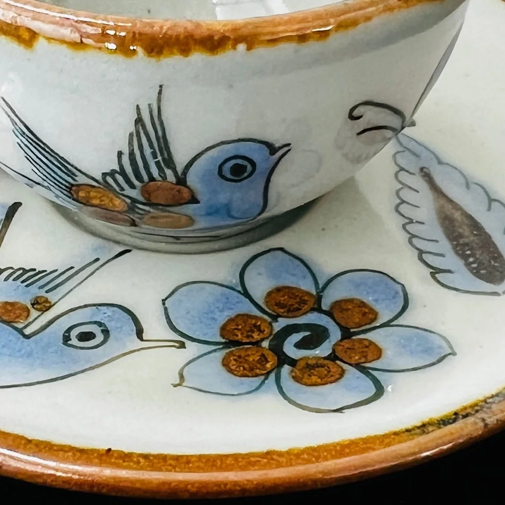 Vintage Ken Edwards Tonala Pottery Cup & Saucer Set El Palomar Blue Bird Signed - Picture 2 of 14